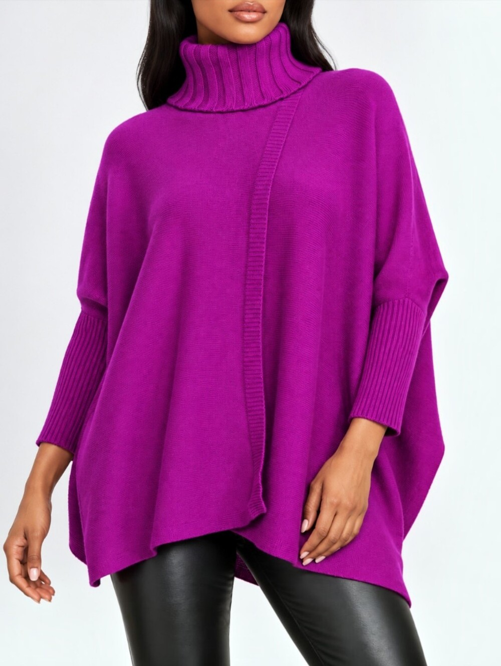 DVF Ahiga Wool Cashmere Oversized Dolman Turtleneck Poncho Sweater Magenta S